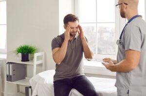 A man holding his head in the doctor’s office, as his doctor explains what a coup countercoup brain injury is.