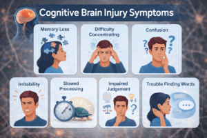 Infographic showing seven cognitive symptoms of mild traumatic brain injury including memory loss, difficulty concentrating, confusion and disorientation, irritability, slowed mental processing, impaired judgment and decision-making, and trouble finding words during conversation
