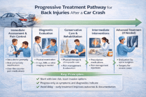 Infographic showing a step-by-step treatment pathway for back injuries after a car crash, progressing from initial medical evaluation and conservative care to physical therapy, injections, and surgery if needed.