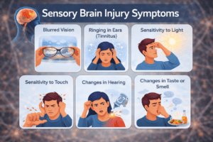 Infographic illustrating six sensory symptoms of concussion including blurred vision, ringing in ears (tinnitus), light sensitivity (photophobia), sensitivity to touch, changes in hearing, and altered taste or smell perception